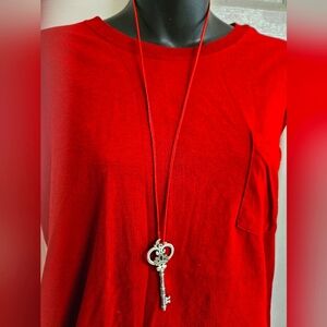30" Red Satin Necklace with 3.25" Silver Key Accented Red Ruby color Crystal